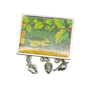 Vintage Christmas Cat and Holly Brooch with Dangling Charms Marjorie Bastin